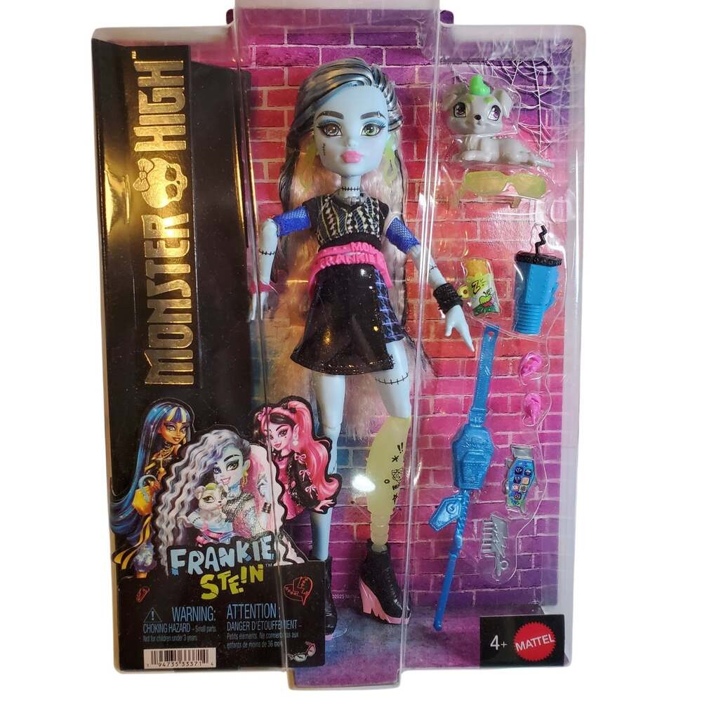 Monster High Frankie Stein Fashion Doll in Black Pleather Skirt with Pet Watzie